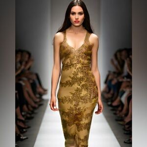 Windsor Elegant Gold Lace Mini Dress with Slit S